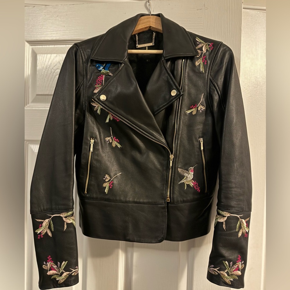 Ted Baker Black Leather Jacket with Embroidered Details